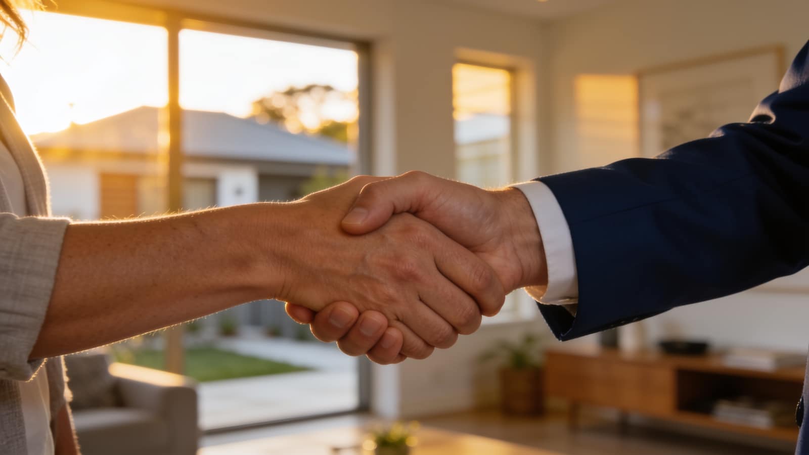 Agent and homeowner shaking hands in a sunlit living room